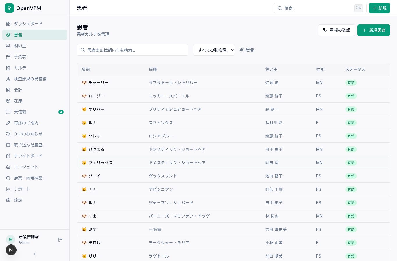 患者の一覧