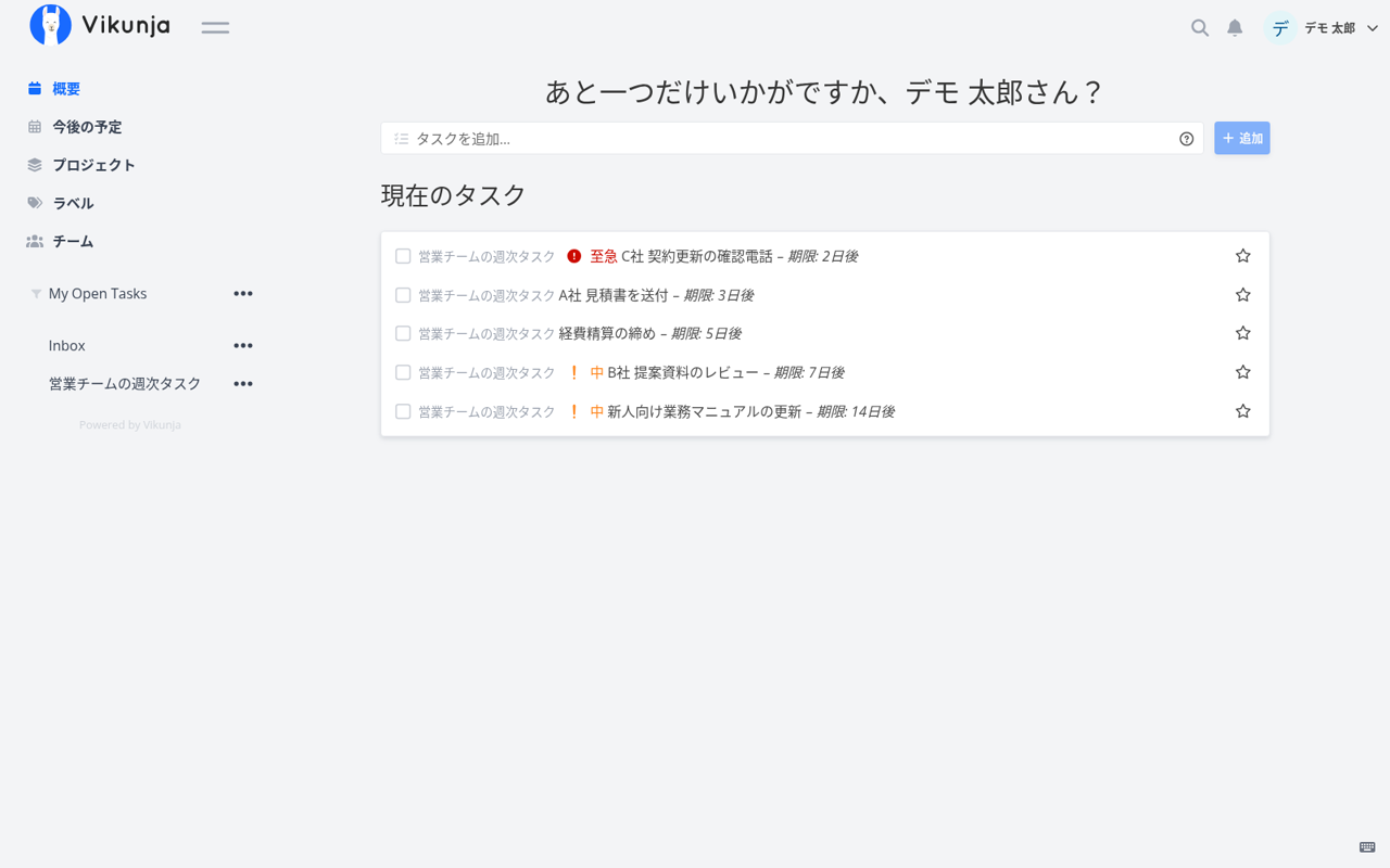 Vikunjaの概要画面(日本語)
