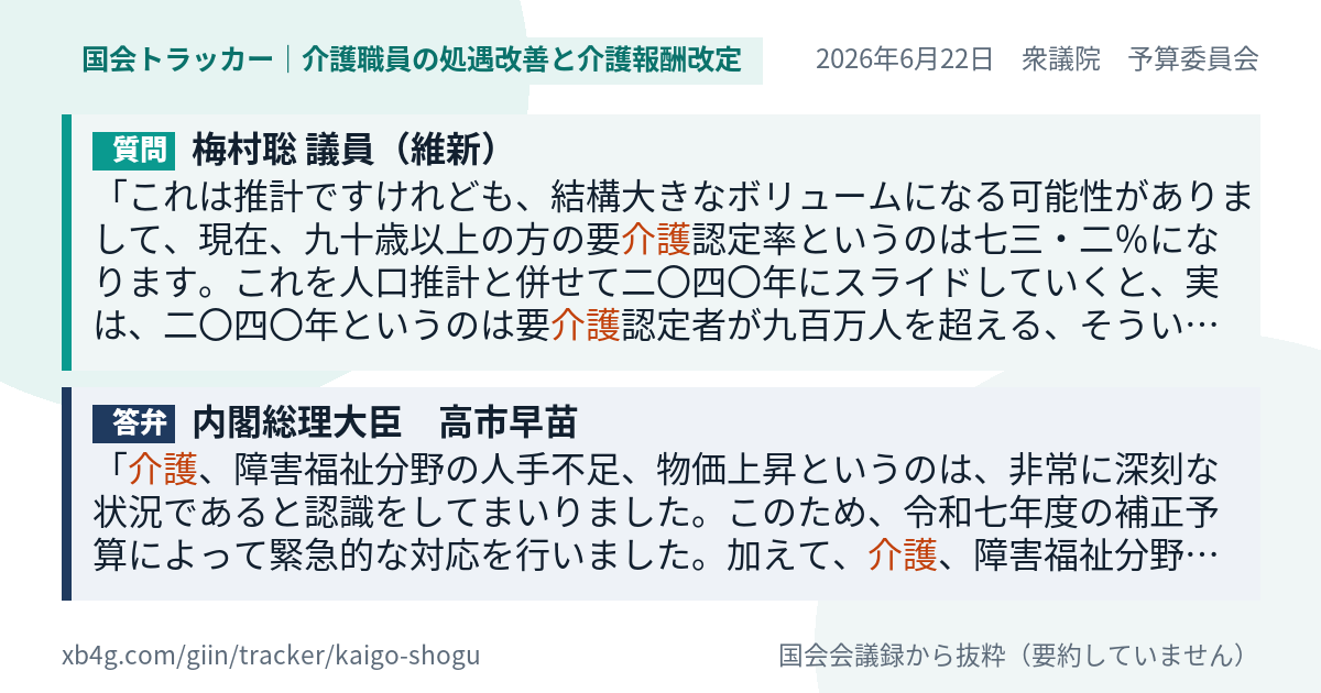 介護報酬改定についての質問と総理の答弁のカード