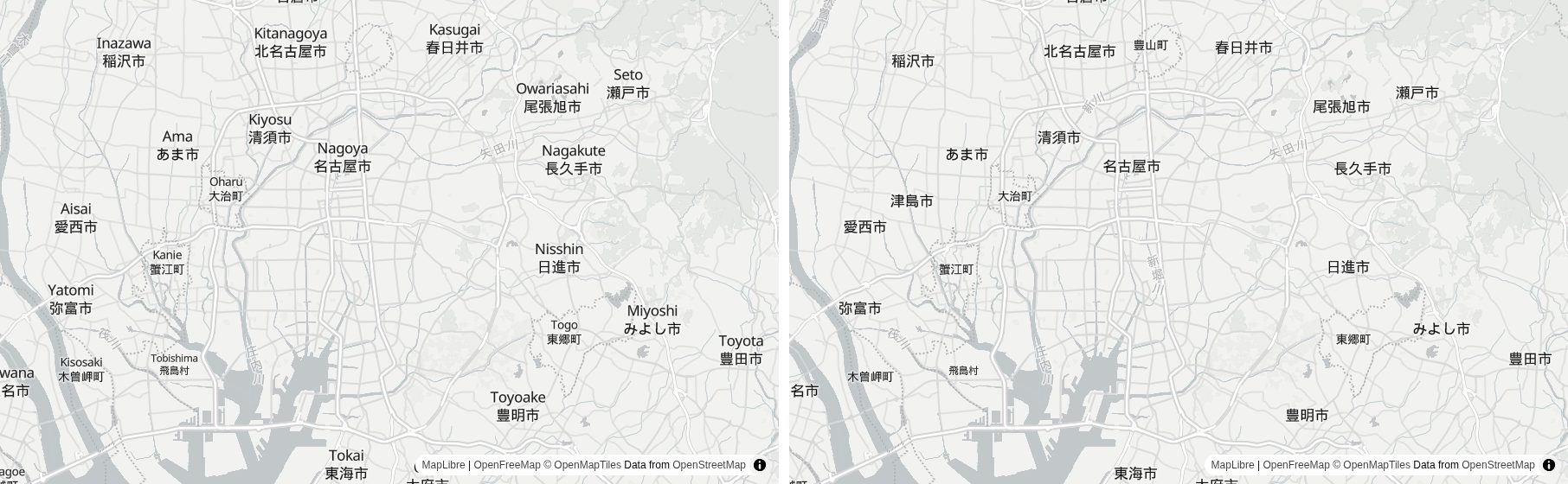 左が OpenFreeMap の既定(ローマ字と日本語の2段)、右が日本語に差し替えたもの